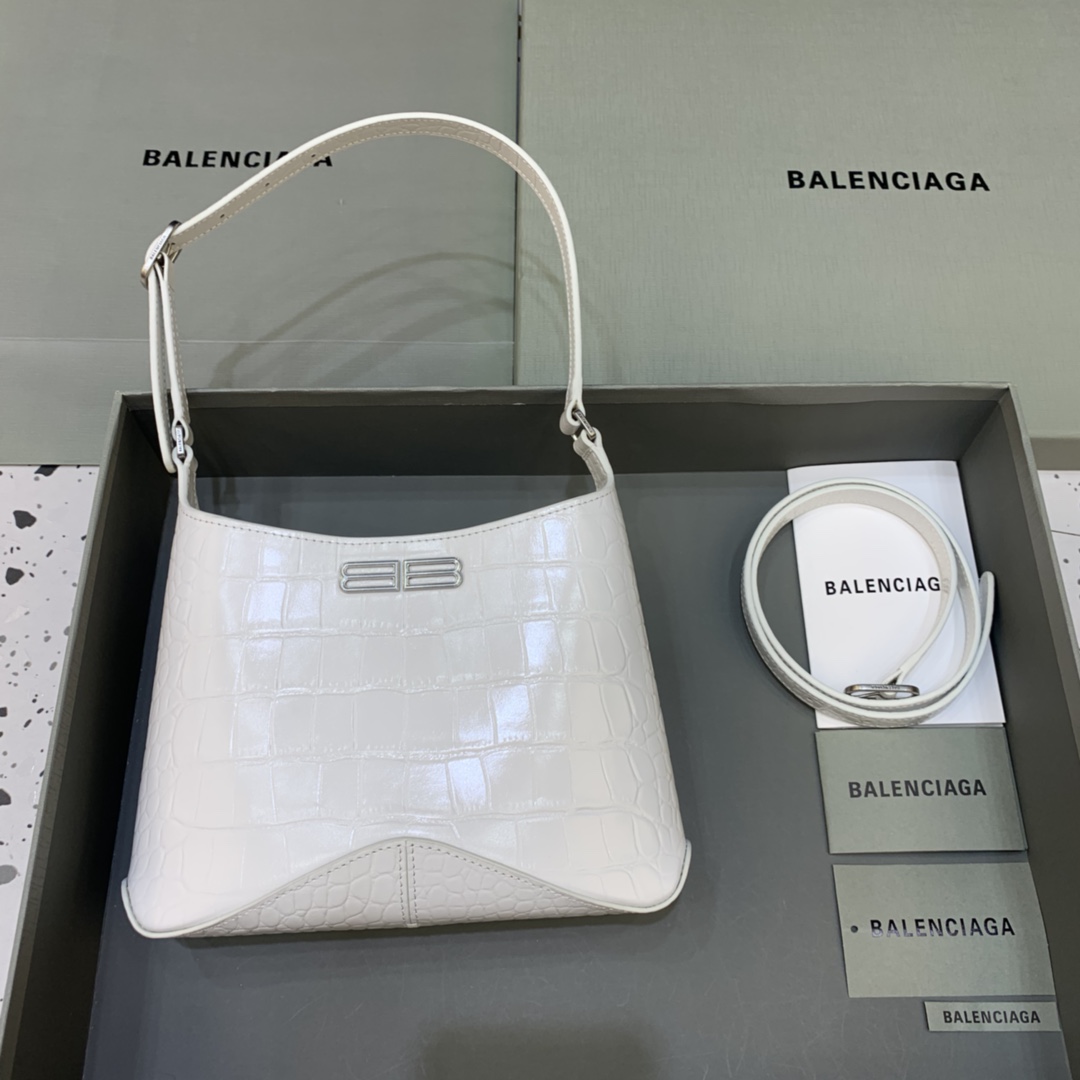 Balenciaga XX Small Hobo Flap Bag Crocodile Embossed White